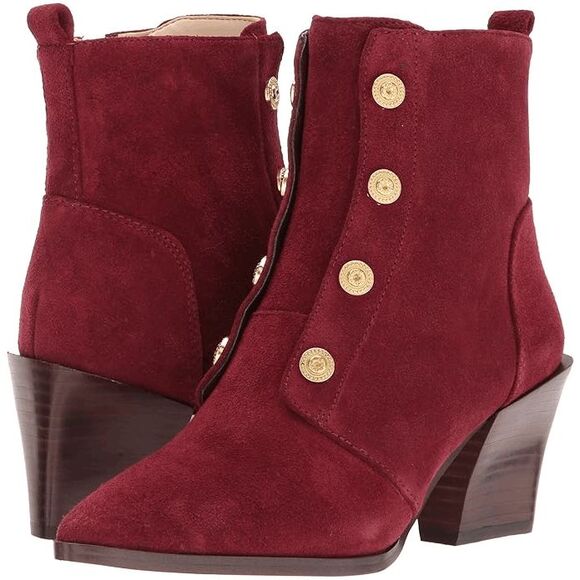 Nine West Chunky Red leather button almond toe block heel Boot sz 12 steampunk w - Picture 1 of 9